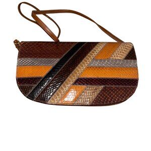 Palizzio Vintage 1970s Womens Shoulder Crossbody Bag Brown Patchwork Snakeskin